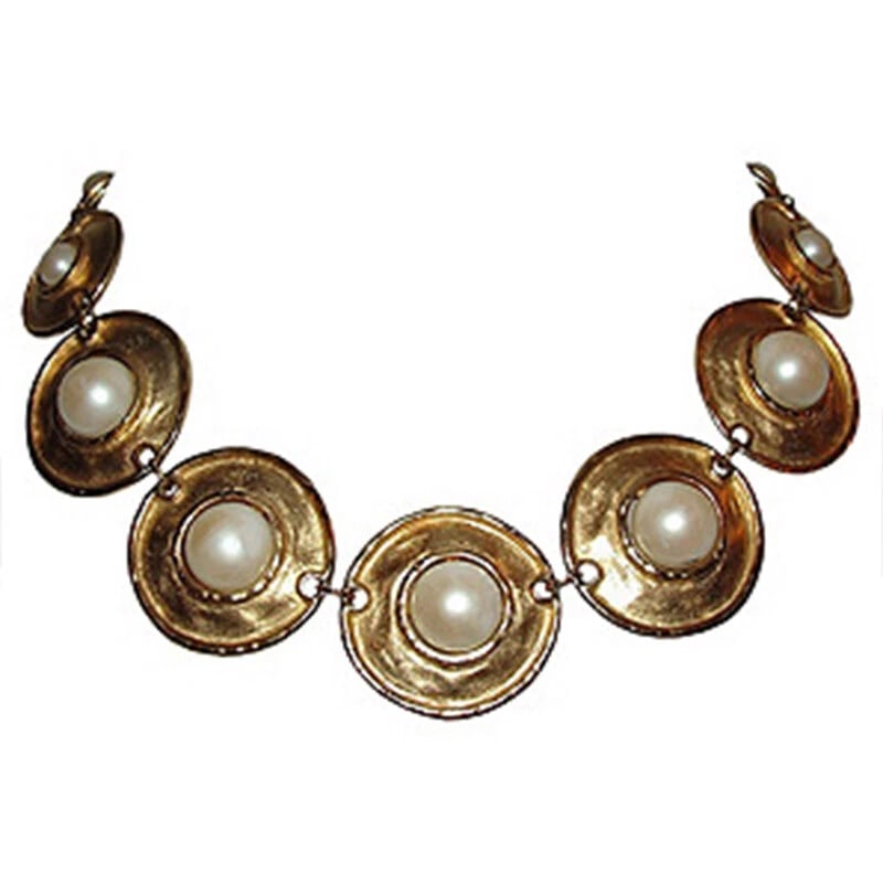 18 kt Gold Plated Simulated Mabe Pearl Disc Collar Necklace - 2