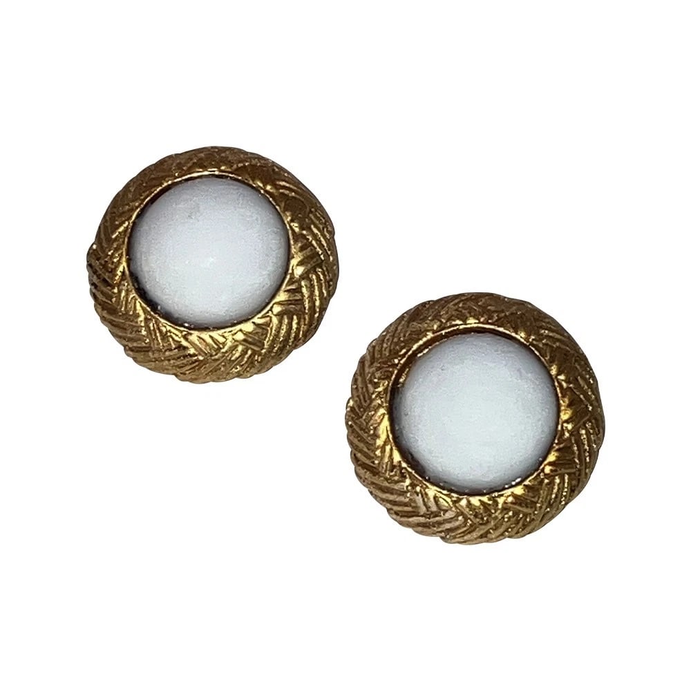 Chanel Vintage Basketweave Clip On Earrings with White Cabochons Signed - 2