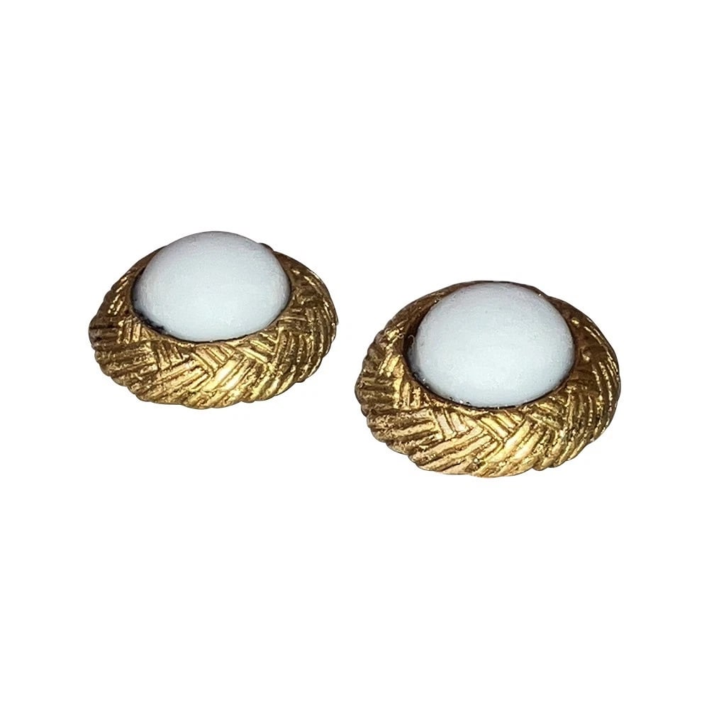 Chanel Vintage Basketweave Clip On Earrings with White Cabochons Signed - 3