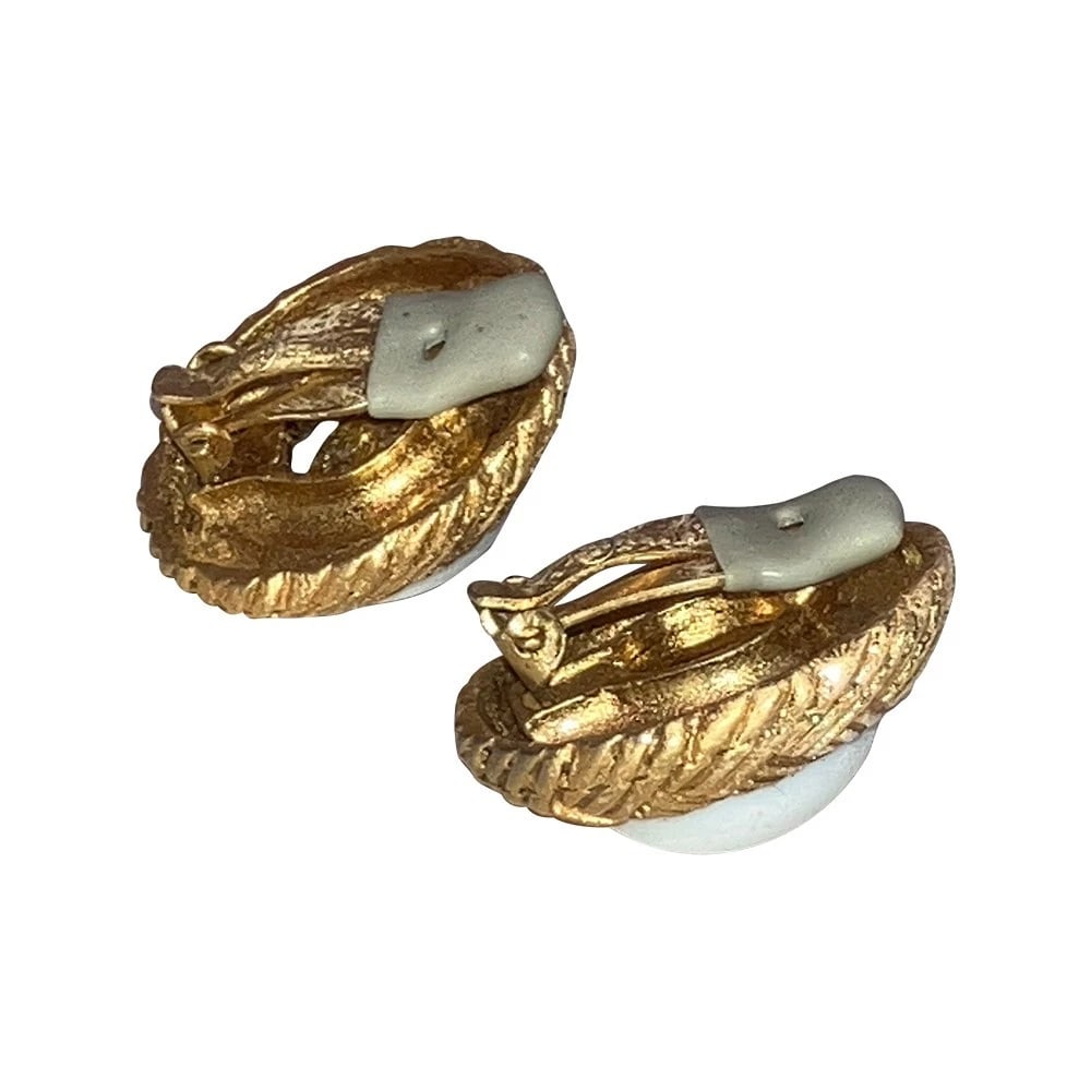 Chanel Vintage Basketweave Clip On Earrings with White Cabochons Signed - 4
