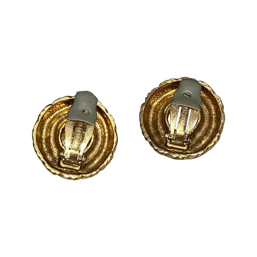 Chanel Vintage Basketweave Clip On Earrings with White Cabochons Signed - 5