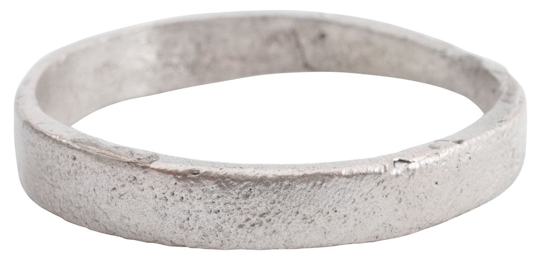 VIKING WARRIOR’S WEDDING RING C.1000 AD, SIZE 13 ¾: Late 9th-early 11th century AD. 2.7-4.3mm width with flat face. Texture from burial. Vikings exchanged rings on the pommel of the groom's sword. Professionally refurbished with the pure silver overlay