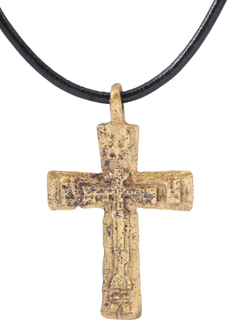 LARGE EASTERN EUROPEAN CROSS NECKLACE, 17TH-18TH CENTURY: 17th-18th century, Ukraine/Russia. Gilt bronze, just over 1 5/8" (1.63”) height plus the suspension loop. Elegant form with a raised cross-centered. The charges above. Reverse plain, with scribe