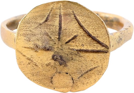 FINE EUROPEAN CHRISTIAN RING C.1100-1200 AD, 8 3/4: Crusades period. This superb ring features a favorite Medieval motif, the four point Star of Bethlehem. See Ancient Rings, Pollio, p.30, bottom right for an example dated 10th-13th century. It is size