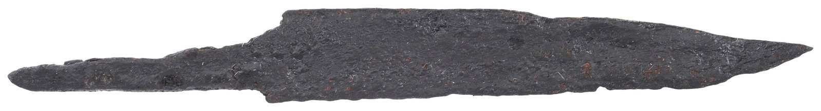 VIKING SIDE KNIFE OR POUCH KNIFE, 866-1067 AD: Danelaw England. Just under 4" (3.87”) total length. Wedge section blade with the straight back and sharply angled point of scramseax form. The thin blade made for slashing and not a working kni