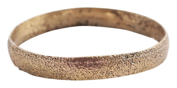 ANCIENT VIKING WEDDING RING C.1000 AD, SIZE 4 1/2: Gilt bronze. Wearable size 4 1/2, 2.2mm width, with low rounded face. Surface textured from burial. Vikings exchanged rings on the pommel of the groom’s sword. Professionally refurbished with th