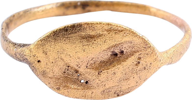 FINE LARGE ANCIENT ROMAN MAN’S RING, 2nd-4th CENT AD 9 1/4: Heavy proportions with 1.6mm rounded face band, flared at the. Stepped oval bezel with incised figural motif, perhaps a gryphon. See Ancient Rings, Pollio, P57-58 for similar figural examples. Surface