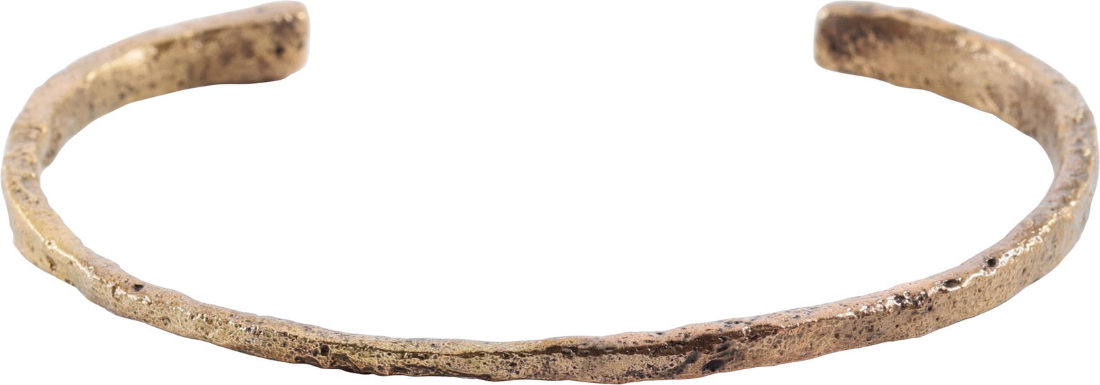 ANCIENT ROMAN WOMAN'S BRACELET, 2ND-4TH CENTURY: The period of the rise of Christianity. Gilt bronze, large size, with 2 3/4" (2.79”) inside dimension. slightly rounded face band flaring from the center to spatulate terminals. Good thick secti
