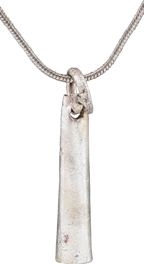 VIKING TUBULAR PENDANT NECKLACE, 9TH-11TH CENTURY AD: Over 1" (1.03”) length, of elegantly tapered cylindrical form with skillfully crafted butted seam at the back. With its original suspension ring with the ends overlapping in the Viking taste and