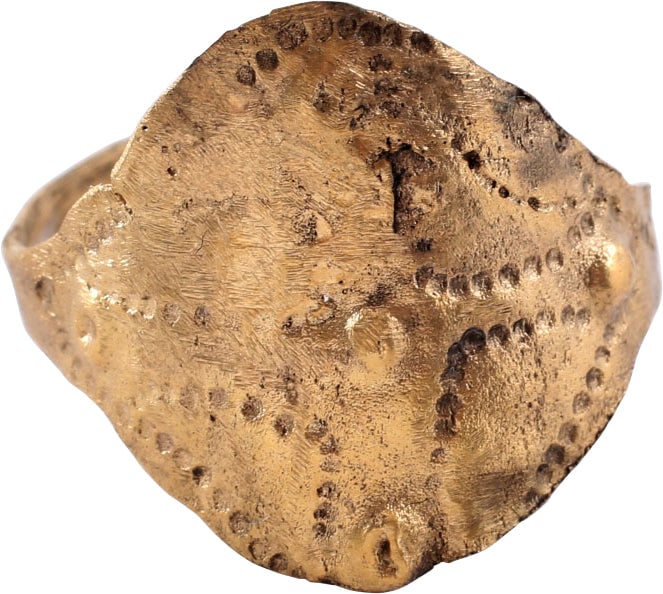 RARE VIKING SHIELD RING C. 10TH-11TH CENTURY, SIZE 9-9 ½: Oval bezel, about 3/4” height with stipple line borders. The field with a stipple outlined cross with nubs at the center and beam terminals. All the decoration uniform and crisp. The bottom as s