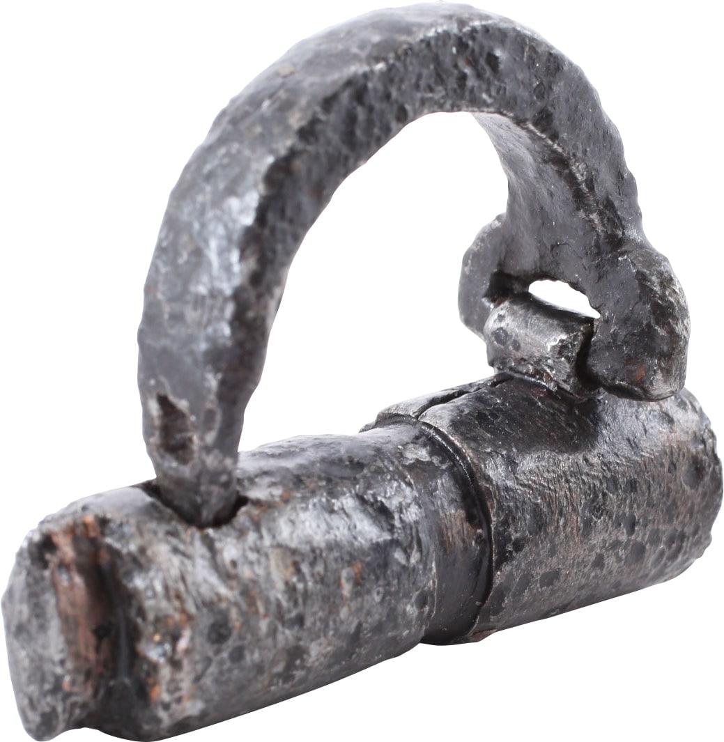RARE VIKING PADLOCK C.900-1000 AD: 1 7/8" length. Cylindrical body reinforced both ends and hinged flattened shackle with hooked tip. Surface with stable heavy rust from burial but complete. The shackle free to move. Vikings captured, 