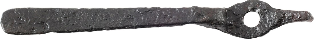 EUROPEAN POWDER FLASK BELT HOOK: See Der Sporn, Pl II #1-3 for similar examples. This example in iron as seldom seen, others mostly being bronze. 3 1/2" width for a broad heel probably a legionary. Studded upturned ends and curled to