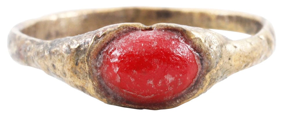 MEDIEVAL EUROPEAN RING, 13TH-14TH CENTURY AD, SIZE 7 1/2: Late Medieval/Renaissance Period. Size 7 1/2 with 2.2mm rounded face band (age textured). Oval bezel securing the red “stone”. See Ancient Rings, Pollio, p.130 for a similar example. Gilt 