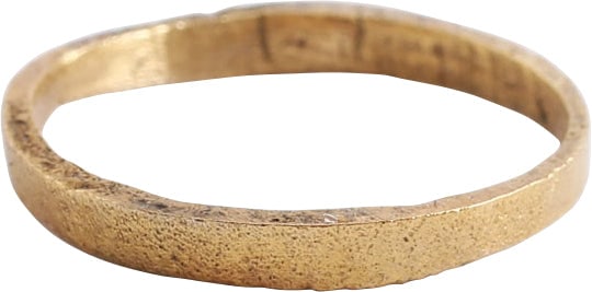 VIKING WOMAN'S WEDDING RING, 850-1050 AD SIZE 3 3/4: Late 9th-early 11th century AD. Gilt bronze, size 3 ¾ for the small finger as was the custom. 2.0mm width flat-faced band. Professionally refurbished with the 24karat gold overlay restored. See t
