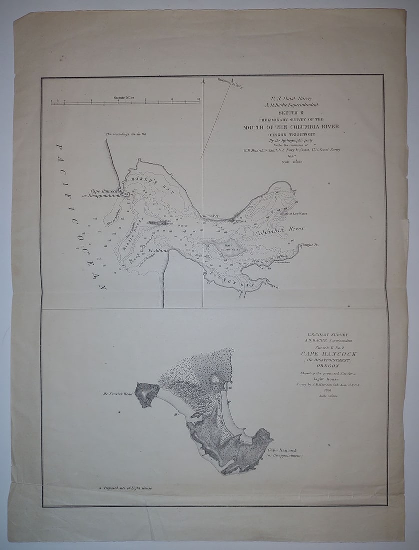 Sketch K Preliminary Survey of the Mouth of the Columbia River Oregon Territory: Publication Date:1851 Title:Sketch K Preliminary Survey of the Mouth of the Columbia River Oregon Territory,li>Cartographer:MCARTHUR, W. P./A. M. HARRISON Publisher:U.S. C. S. Brief Description:"by