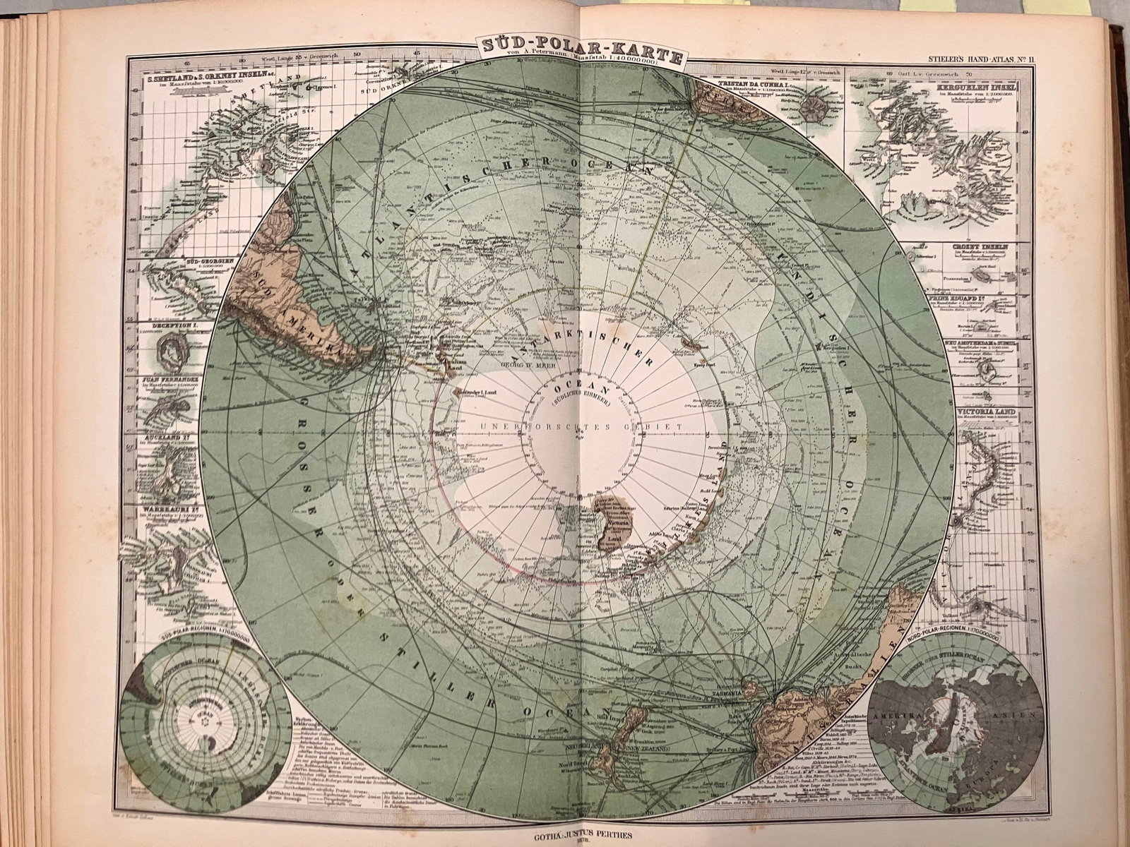 1877 Stieler Map of South pole Region -- Sud Polar Karte: Title:1877 Stieler Map of South pole Region -- Sud Polar Karte,li>Cartographer:A Stieler Year/Place:1877, Gotha Map Dimension (in.):16 X 13.5 in. Description:This map is oriented over the South Pole
