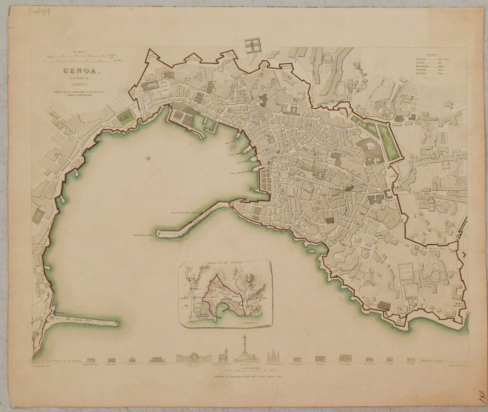 1835 SDUK Map of Genoa -- Genoa (Genova) (Genes): Title:1835 SDUK Map of Genoa -- Genoa (Genova) (Genes),li>Cartographer:SDUK Year/Place:1835, London Map Dimension (in.):11.5 X 14.8 in. Description:This is a splendid bird's-eye plan of Genoa. The
