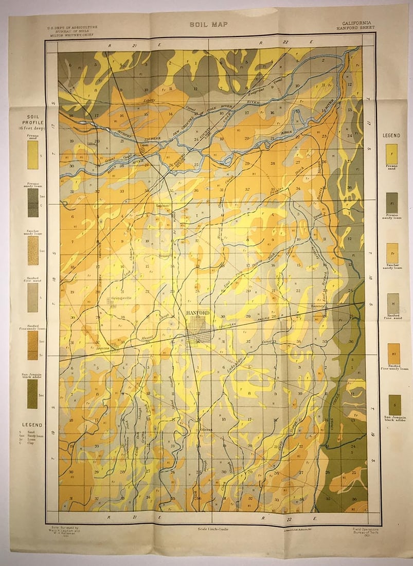 Soil Map California Hanford Sheet: Publication Date:1901 Title:Soil Map California Hanford Sheet,li>Cartographer:LAPHAM, MACY H./W.H. HEILEMAN Publisher:U.S. DEPT. OF AGRICULTURE. BUREAU OF SOILS Brief Description:Handsomely
