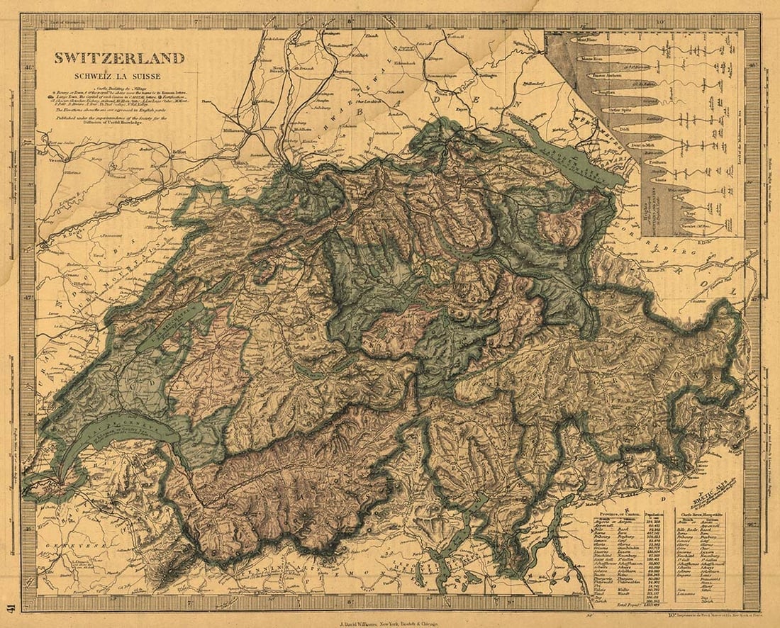 Switzerland Schweiz La Suisse: Publication Date:1873 Title:Switzerland Schweiz La Suisse,li>Cartographer:Society for the Diffusion of Useful Knowledge/ S.D.U.K. Publisher:J. DAVID WILLIAMS Brief Description:Sheet 41 from an America