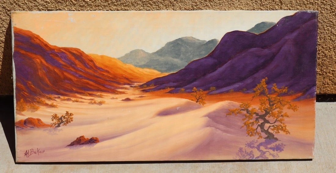 AL BAKER Original oil Desert Scene with Mountains, Plants & Sand Dunes Unframed - 2