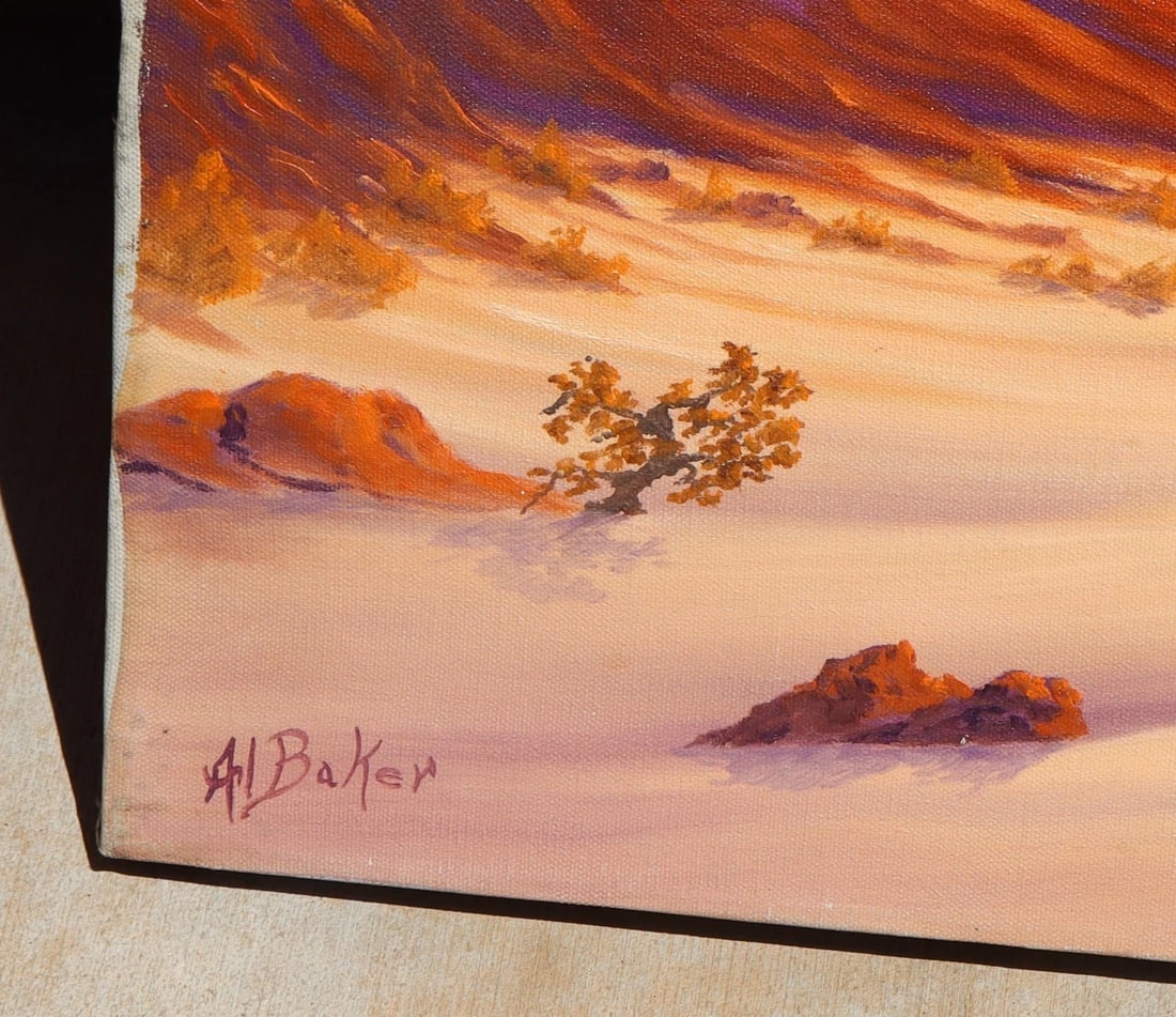 AL BAKER Original oil Desert Scene with Mountains, Plants & Sand Dunes Unframed - 3
