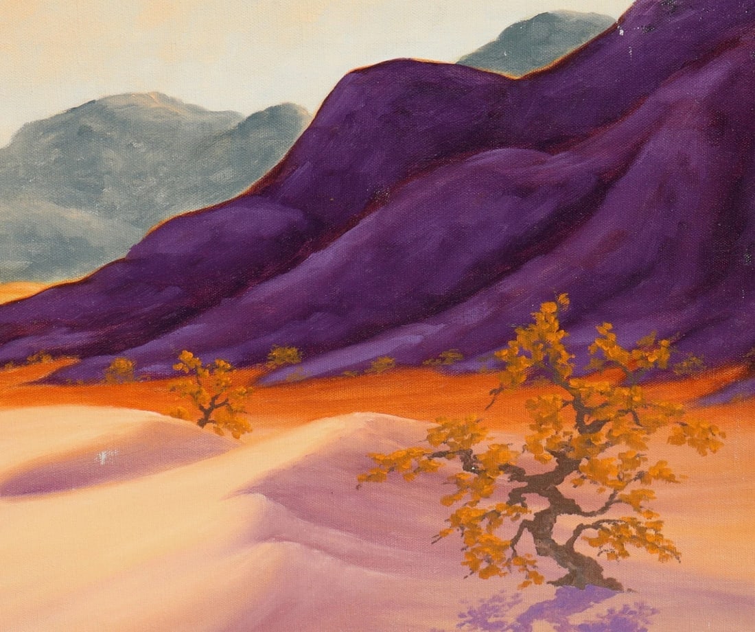 AL BAKER Original oil Desert Scene with Mountains, Plants & Sand Dunes Unframed - 4