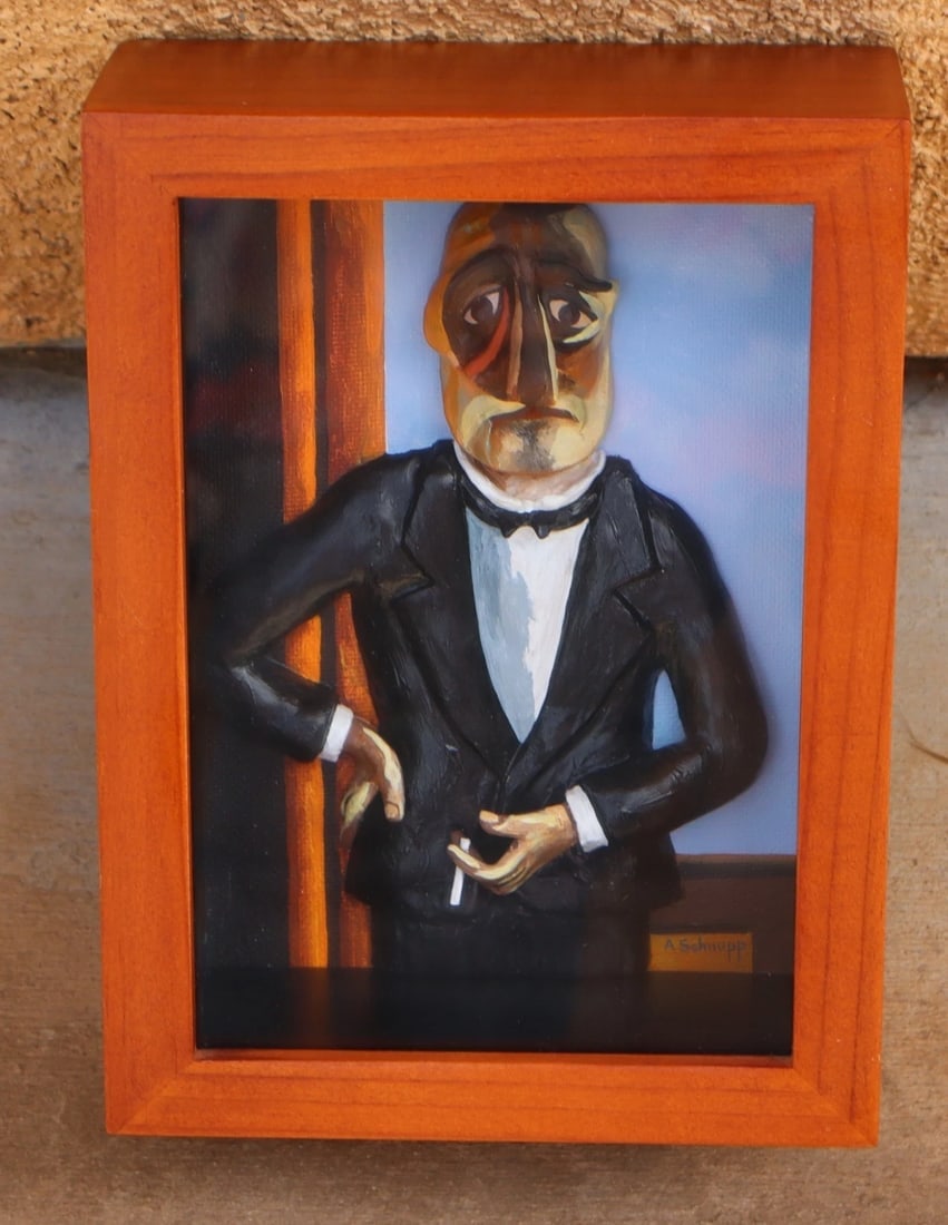 AL SCHNUPP Mixed Media Modernist Sculpture of Man in Tux after Beckmann Wood Box - 2