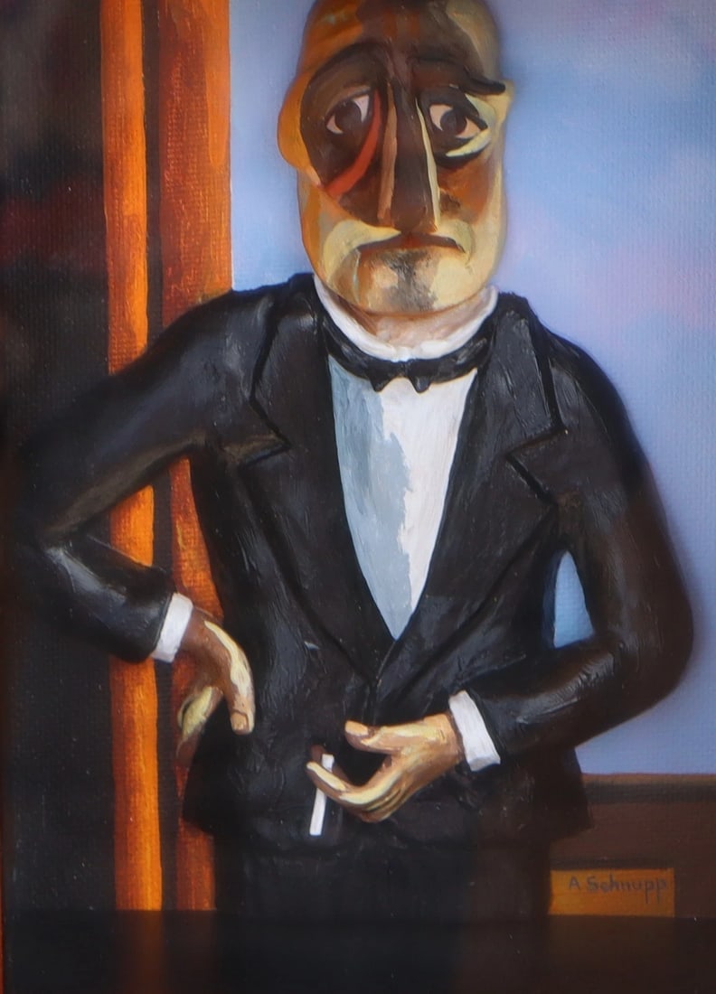 AL SCHNUPP Mixed Media Modernist Sculpture of Man in Tux after Beckmann Wood Box - 3