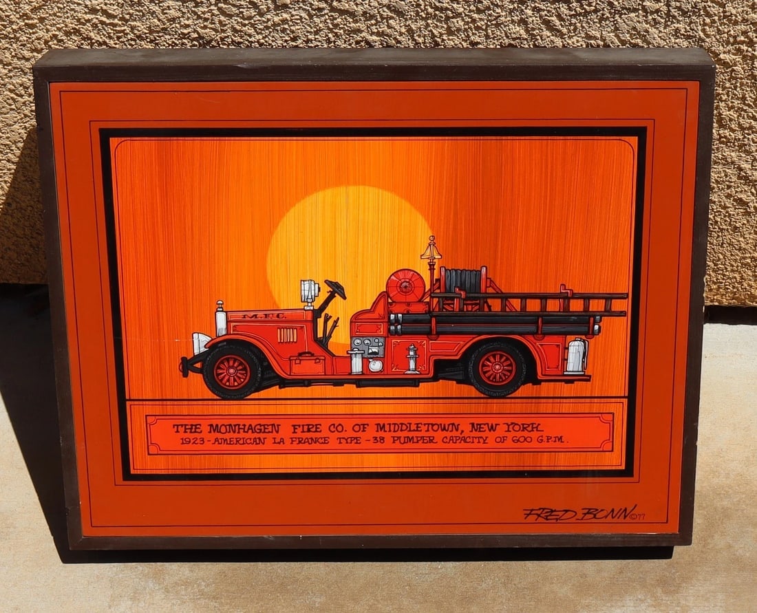 FRED BONN Original acrylic painting Fire Truck The Mohagen Fire Co Middleton NY - 2