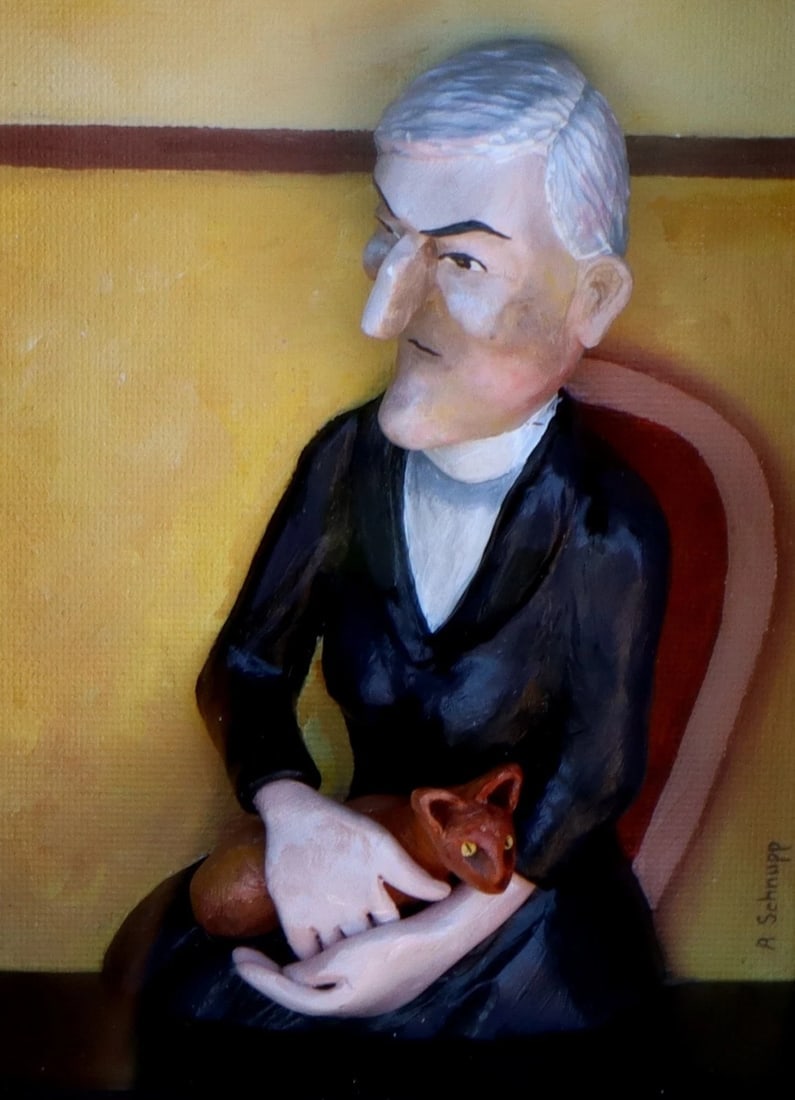 AL SCHNUPP Mixed Media Sculpture Man with Cat after Corinth in Black Box Frame - 2