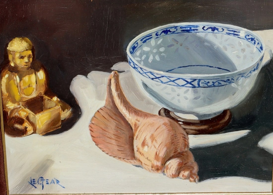 Daniel Legear Fine Gallery Mid Cent oil Still Life w/ Bowl, Seashell & Figurine - 2