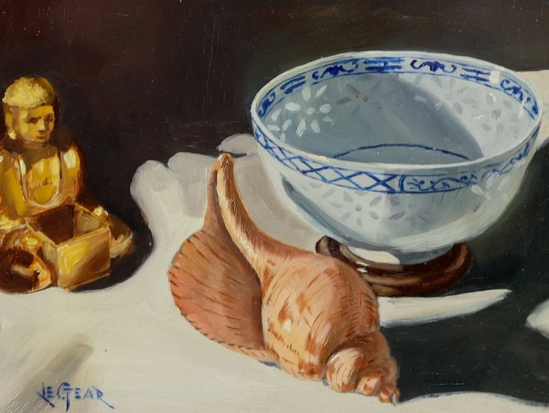 Daniel Legear Fine Gallery Mid Cent oil Still Life w/ Bowl, Seashell & Figurine - 3