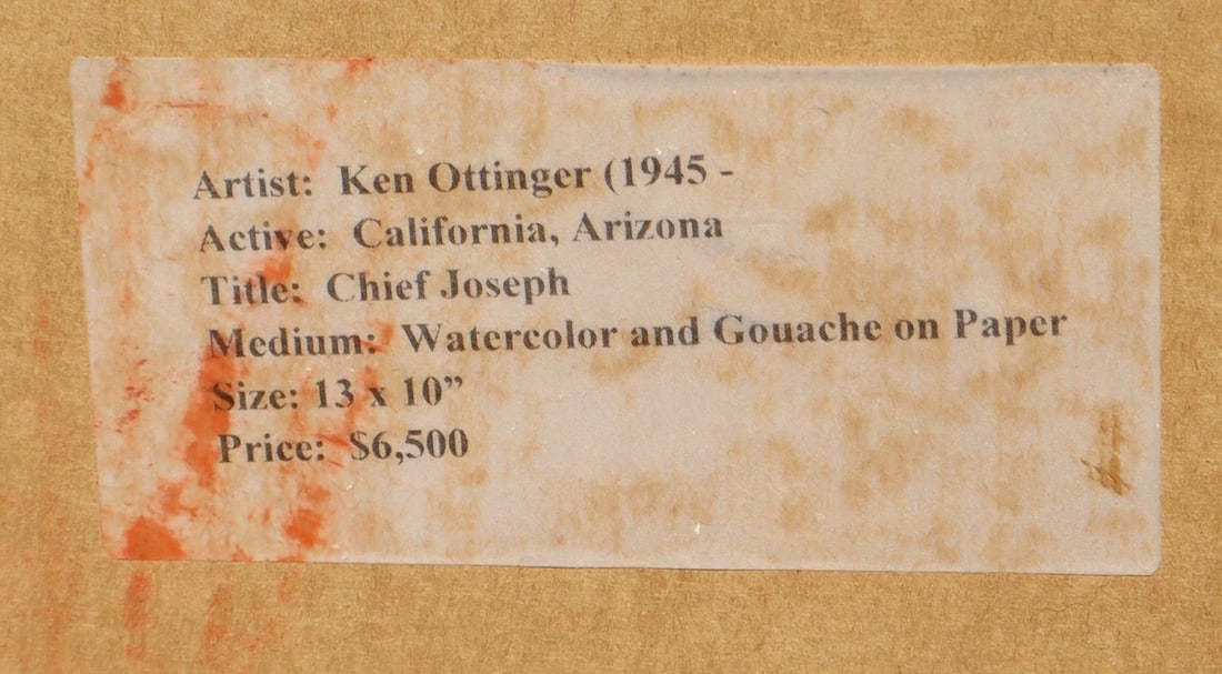 Ken Ottinger Fine Gallery watercolor/gouache painting of CHIEF JOSEPH was $6500 - 6