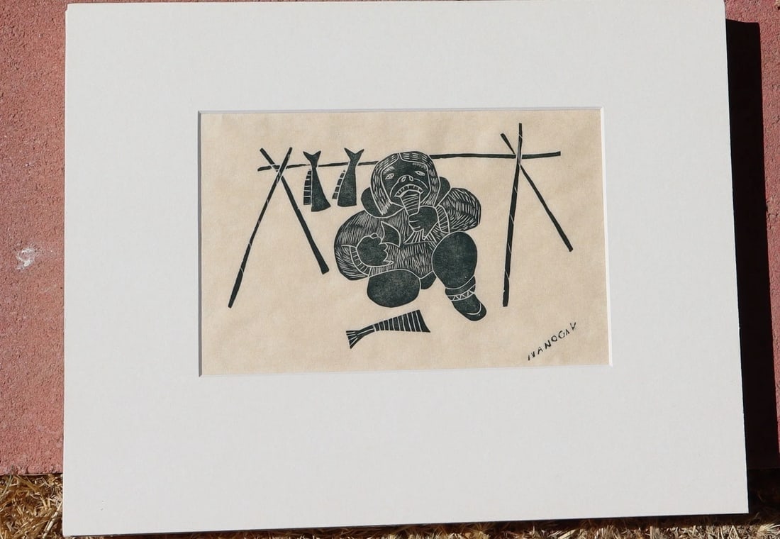 Agnes Nanogak Inuit Stone Cut Print Eskimo with Fish on Rice Paper in Plexi Box - 2