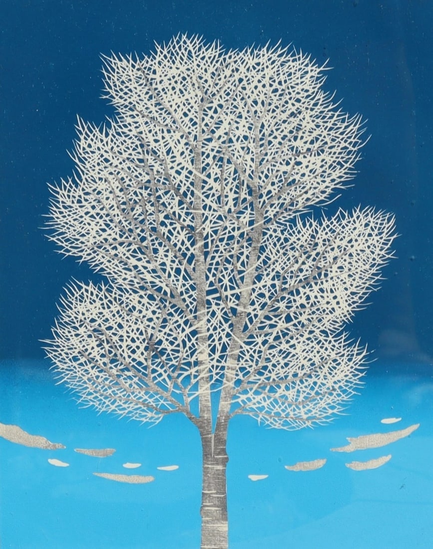 TADASHIGE NISHIDA Hand Signed Japanese Woodblock Print White Tree (2) 68/120 - 2