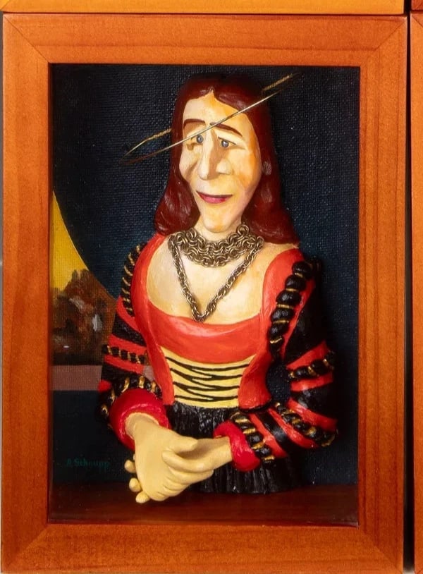 AL SCHNUPP Mixed Media Modernist Sculpture of Woman With Halo in Wood Box Frame - 2