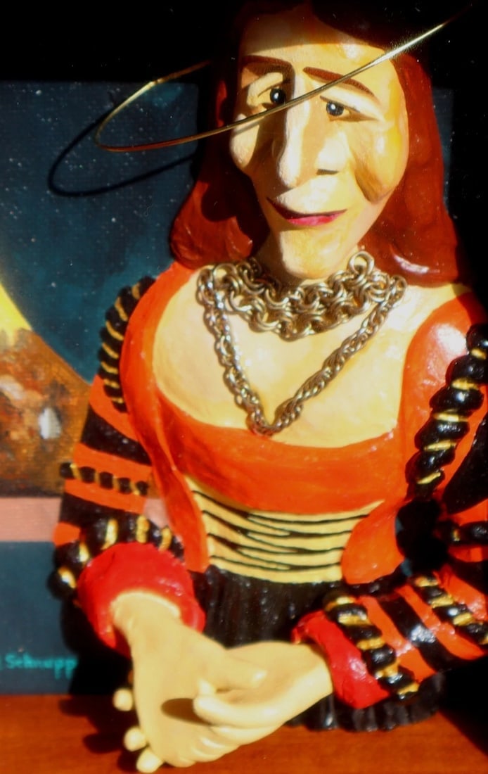 AL SCHNUPP Mixed Media Modernist Sculpture of Woman With Halo in Wood Box Frame - 4