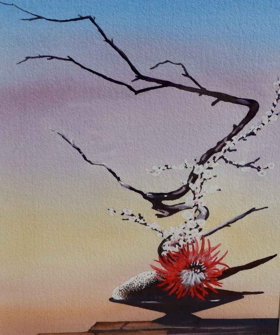 RONALD PRATT California Watercolor Still Life Red Chrysanthemum 2000 - 2
