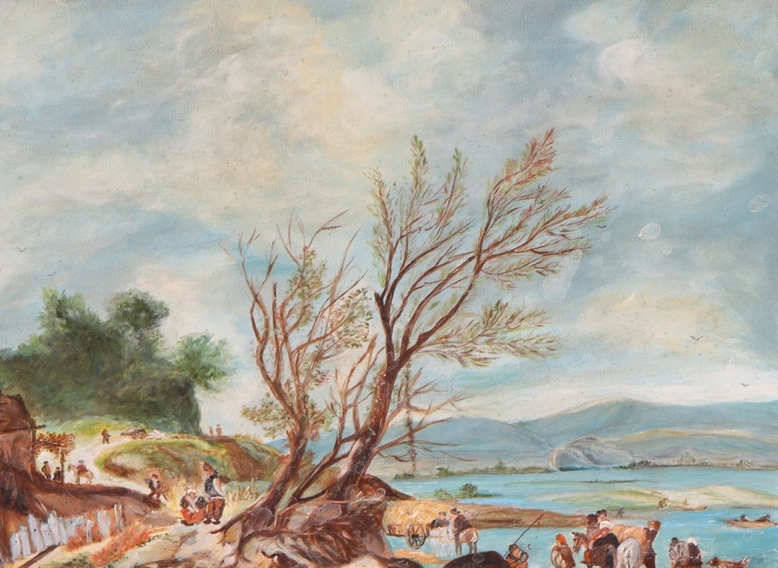 Mystery Artist Hungarian? Figures by a Lake oil painting 16" x 20" nicely framed - 2