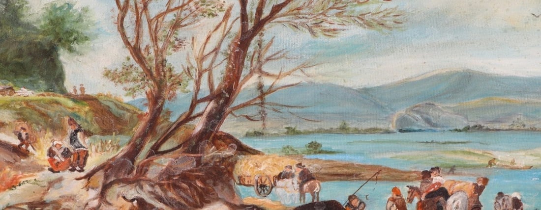Mystery Artist Hungarian? Figures by a Lake oil painting 16" x 20" nicely framed - 3