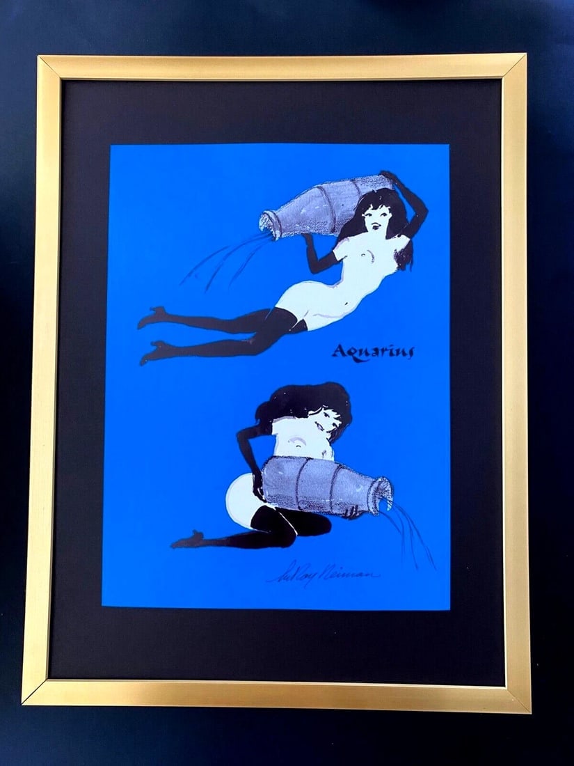 LeRoy Neiman " Femlin Zodiac AQUARIUS" Signed Print Framed in a New 16x12!: Beautiful and Scarce Original Vintage 1991 Femlin Print After Leroy Neiman "ZODIAC AQUARIUS" Signed on the Plate This piece is mounted on a 16 x 12 in. black acid free premium black board. Framed