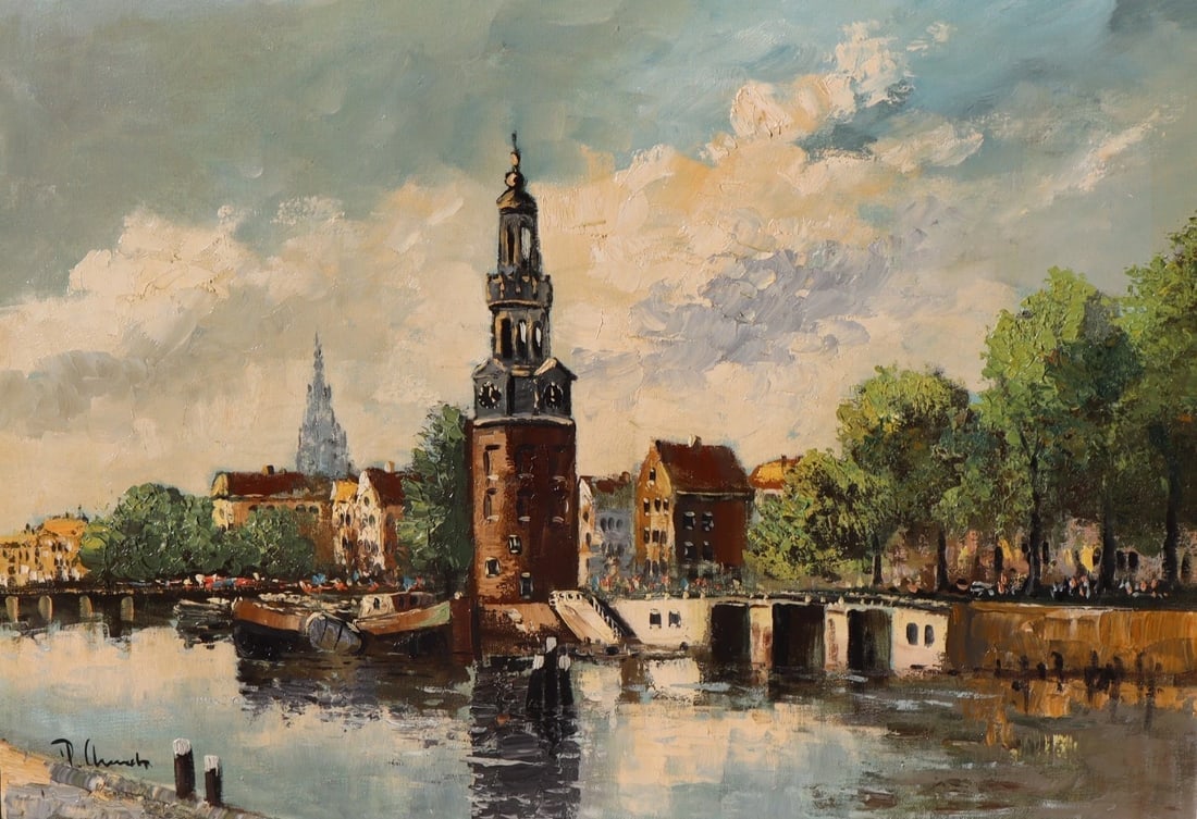 PIETER ARENDS Dutch oil painting Montelbaan Tower Oude Schans Amsterdam 1971 - 2