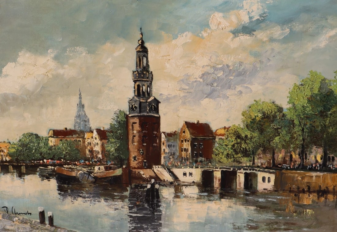 PIETER ARENDS Dutch oil painting Montelbaan Tower Oude Schans Amsterdam 1971 - 3