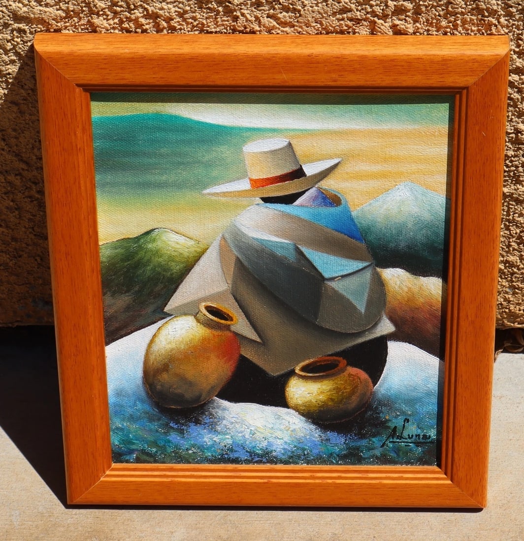 A. Luna Latin American Modernist Man in a Sombrero Seated by Pots oil painting - 2