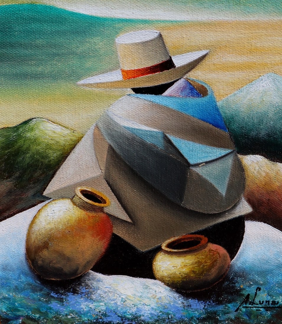 A. Luna Latin American Modernist Man in a Sombrero Seated by Pots oil painting - 3