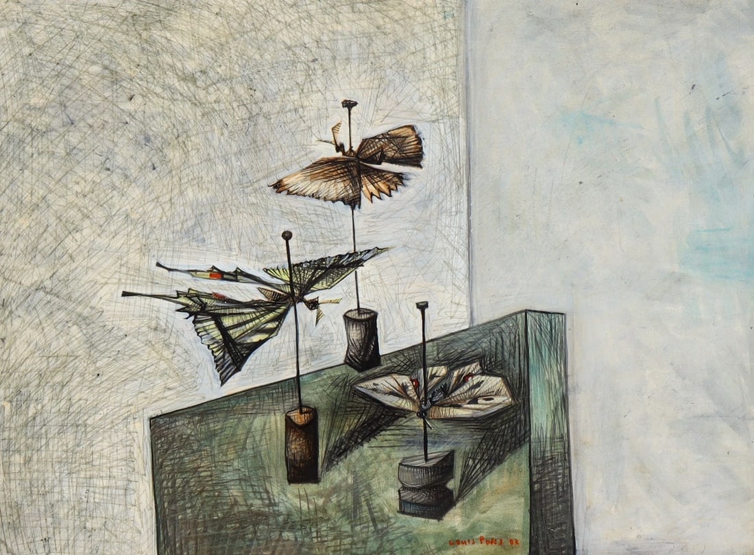 LOUIS PONS French Modernist Still Life with Butterflies Original Mixed Media - 2