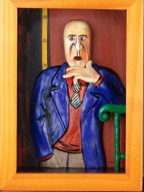 AL SCHNUPP Mixed Media Modernist Sculpture of Man in Tie after Beckmann Wood Box - 2