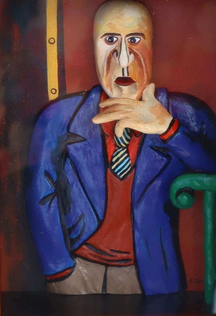 AL SCHNUPP Mixed Media Modernist Sculpture of Man in Tie after Beckmann Wood Box - 3