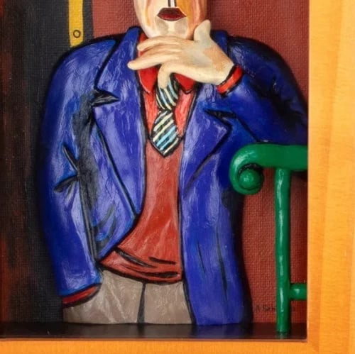 AL SCHNUPP Mixed Media Modernist Sculpture of Man in Tie after Beckmann Wood Box - 5
