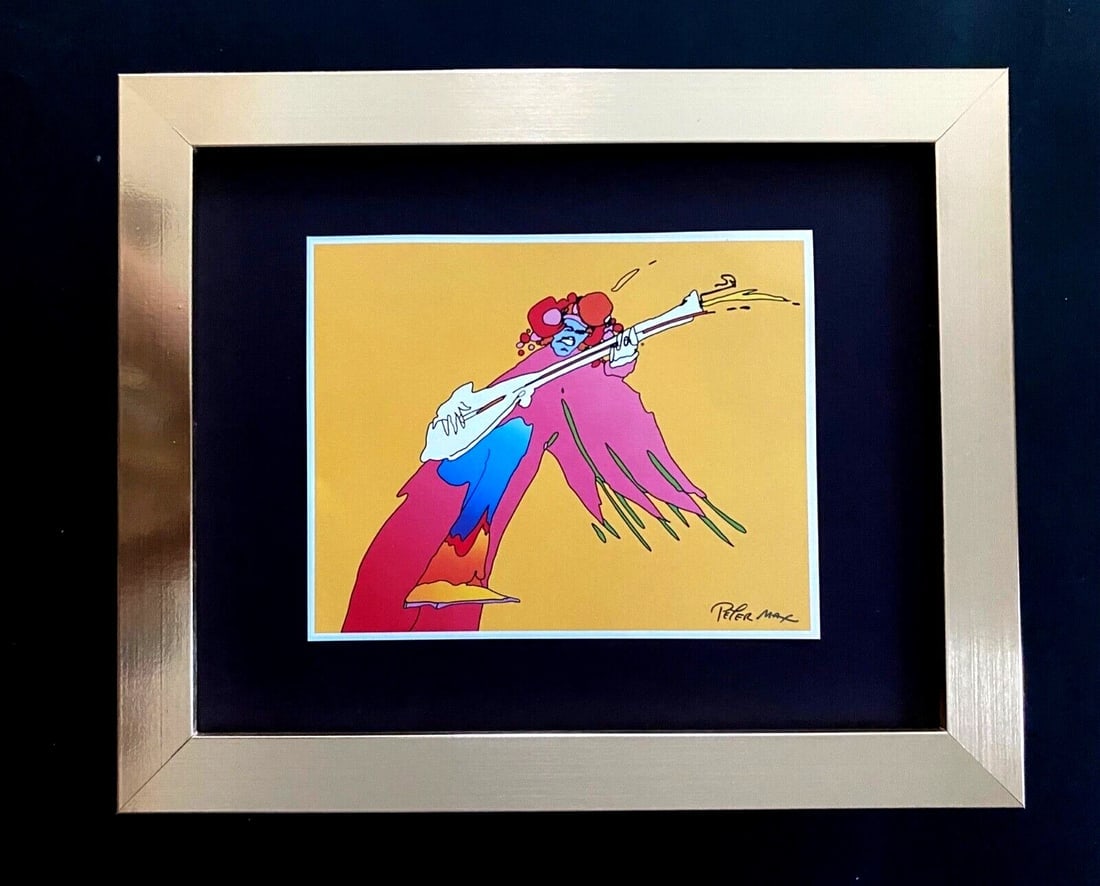 Peter Max | Vintage Print Signed | Mounted in a New 10x8 in Frame: Up for Sale this Beautiful Vintage Offset Lithograph after Peter Max Signed on the Plate This piece is mounted on a 10 x 8 in. black acid free black board. Framed in Gold covering an area of 12x10in. 